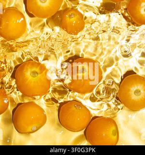 Fresh physalis berries washing in clean water with splashes Stock Photo
