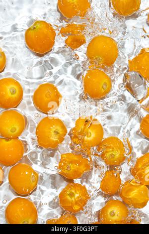 Fresh physalis berries washing in clean water with splashes Stock Photo