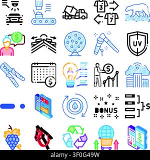 Collection of various colorful doodle style icons representing different concepts across business, finance, technology, logistics, nature, and industr Stock Vector