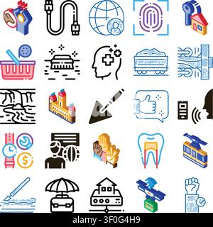 Diverse isometric icon set on white background showing global communication, digital security, finance, healthcare, transport, construction, tools and Stock Vector