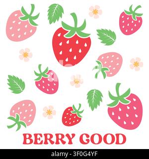 Berry Good pattern background with strawberries and flowers. Stock Vector