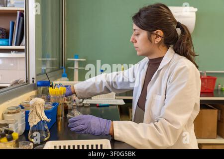 Young female scientist in white lab coat and blue gloves reaching across a fully equipped. Stock Photo