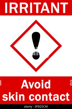 Irritant, avoid skin contact. Hazard rhombus sign with eclamation point with text above and in the bottom on red backgrounds. Stock Vector