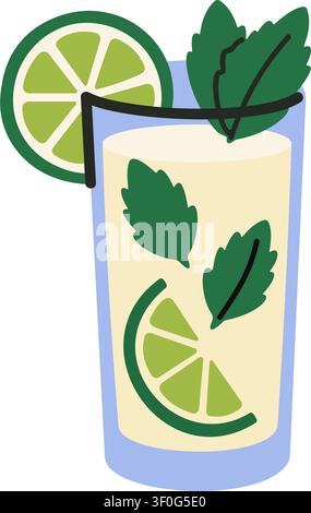 Mojito cocktail glass with lime and mint. Cute hand-drawn vector illustration in naive doodle style Stock Vector
