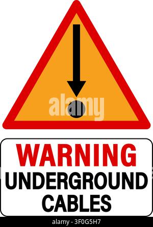 Warning underground cables. Orange triangle sign with arrow symbol pointing down to a circle, symbol of cable cross section. Text below. Stock Vector