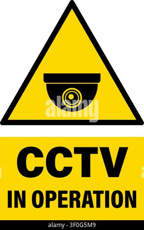 CCTV in operation, warning triangle sign with dome style security camera and text below. Stock Vector