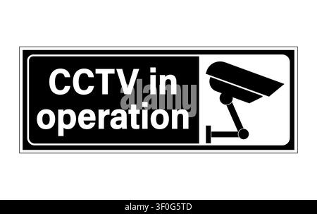 CCTV in operation, information sign with text on the left and silhouette of security camera on the right. Sticker, horizontal strip, black background Stock Vector