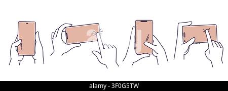 Hand holding smartphone with finger touching screen. Set of vector icons with person tapping and scrolling mobile device screen, simple sketch for app design, digital communication technology symbol Stock Vector