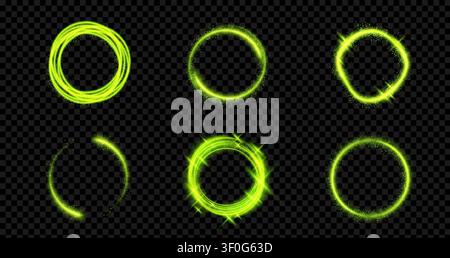 Glowing green rings with magical sparkles and light trails, abstract vector set on dark transparent background. Neon swirl circles with dust particles, circular frames with flare, shimmering effect Stock Vector