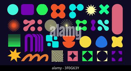 Modern abstract geometric shapes, simple figures, vector icons isolated on black background. Minimalist memphis design, brutalist forms collection, vibrant y2k line art patterns with sparkling stars Stock Vector
