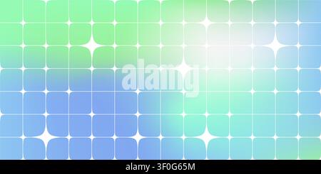 Y2K background with geometric grid pattern and stars, abstract vector gradient design. Retro cyber aesthetic poster template with colorful blue green tile shapes and seamless texture Stock Vector