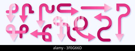 Curved pink retro direction arrow set isolated on white background. Vector realistic illustration of playful vintage icons with quirky bends and twists, creative infographic poster design elements Stock Vector