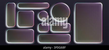 Vibrant neon frames with glowing rainbow border, vector rounded shapes isolated on transparent background. Abstract led signs with color gradient and light effect for digital cyber punk design Stock Vector