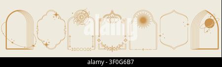 Celestial boho frames with moon phases, butterfly and mystical arch design, abstract vector set isolated on black background. Esoteric art with stars, sun symbols, and magical pattern, vintage borders Stock Vector