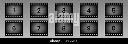 Vintage countdown timer with movie film strip frames and retro cinema screen numbers for classic projector animation, realistic vector grey illustrations isolated on transparent background Stock Vector
