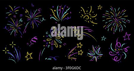 Crayon doodle fireworks set with color bursts and stars. Vector realistic illustration of hand drawn pastel pencil sketch elements for celebration designs, party invitations, festive summer background Stock Vector