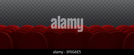 Red cinema seat rows isolated on transparent background. 3d vector realistic illustration of empty chairs for theater or movie event guests, back or front view, conference room interior design Stock Vector