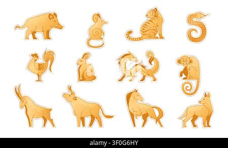 Chinese zodiac animals, abstract gold silhouettes, vector illustrations isolated on white background. Set of 12 horoscope signs, dragon, tiger, snake for lunar new year celebration, astrology design Stock Vector