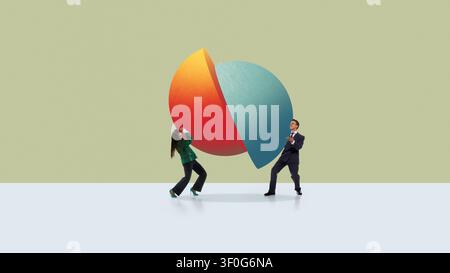 Man and woman holding large divided sphere on minimalist green background. Stock Photo