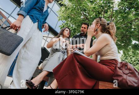 Young professionals having an outdoor business meeting and discussing ideas under a tree Stock Photo