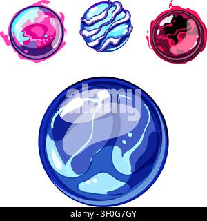 Fantasy game ui assets featuring a collection of four vibrant, colorful, and glossy circular magic orbs or elemental power spheres, suitable for sci f Stock Vector