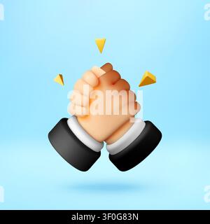 Two hands in business suit sleeves shaking to form a deal. 3D rendered handshake showing unity and cooperation. Concept for partnership, success, prof Stock Vector