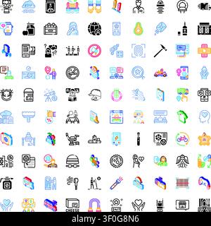 Set of vector linear symbols and pictograms illustrating diverse themes like healthcare, business, technology, lifestyle, and communication, suitable Stock Vector