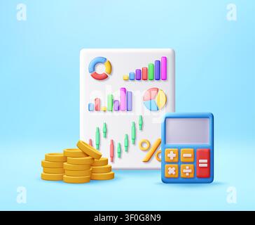 3D financial report with charts and calculator Stock Vector