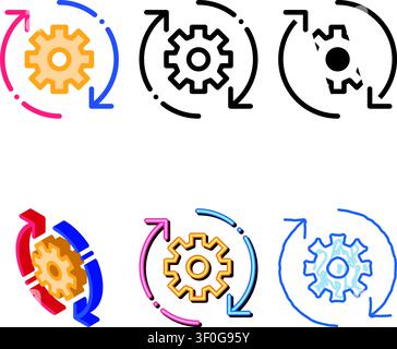 Gear And Arrows Around Agile Element Vector Icon Thin Line. Agile multistyle Magnifier And Document, Sandglass And Package, Loud-speaker And Stop Watc Stock Vector