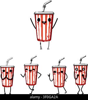 Group of striped soda cups with straws showing varied facial expressions and gestures to represent emotions, communication, and playful character inte Stock Vector