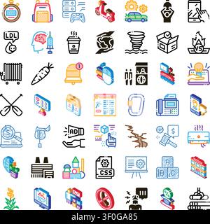 Icons representing a wide range of topics from health, finance, education, and technology to travel, nature, and everyday objects, all on a white back Stock Vector