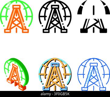 Oil-Derrick Planet Problem Vector Thin diversity Line Icon. Pump Oil Resource Environmental Problem, Industrial Pollution, Contamination Linear Pictog Stock Vector