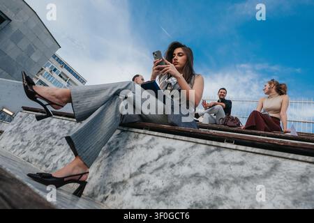Young businesswoman sitting outdoors on steps using smartphone while colleagues chat behind her Stock Photo