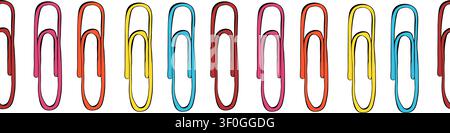 paper clips School horizontal seamless border colored hand drawn illustration. Vector graphic line ink art. Perfect for logo, branding, packaging, lab Stock Vector