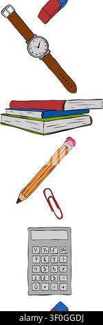 office student and school supplies vertical seamless border colored hand drawn illustration. Vector graphic line ink art. Banner, poster, wrapping pap Stock Vector