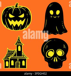 Halloween icon set with pumpkin ghost skull and haunted house Stock Vector