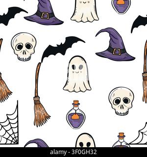 Halloween doodle pattern with ghosts skulls bats and witch hats Stock Vector