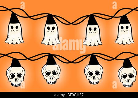 Halloween pattern with cute ghosts and skull garland on orange background Stock Vector
