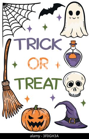 Trick or treat Halloween typography with spooky holiday doodles Stock Vector