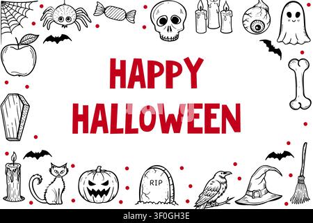 Happy Halloween greeting card with spooky hand drawn doodles Stock Vector