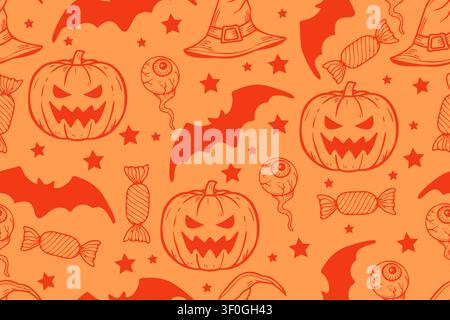 Halloween seamless pattern with pumpkins bats and stars Stock Vector