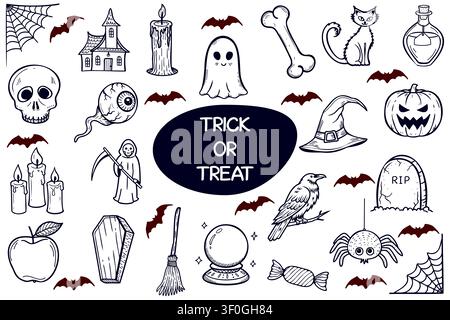 Trick or treat Halloween doodle collection with spooky icons Stock Vector