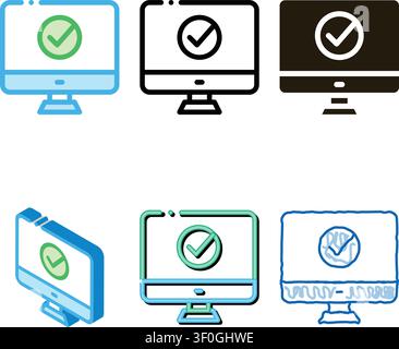 Computer Monitor And Approved Mark Vector Icon Thin Line. Approved Sign On Document File, Protection Shield And Smartphone mix Display Concept Linear Stock Vector