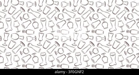 Seamless pattern with hand drawn beer glass line art style. Alcohol drink mug and vessel sketch. Pub menu background decor. Black and white doodle Stock Vector
