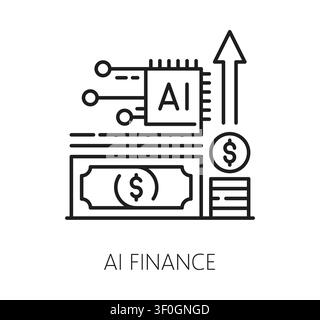 AI artificial intelligence finance technology icon. Digital software linear vector pictogram, AI finance solution icon. Artificial intelligence technology symbol with dollar bill, coins, computer chip Stock Vector