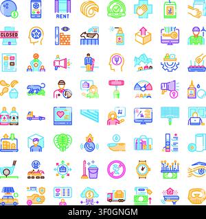 Collection of diverse outline icons depicting concepts relating to business, finance, health, technology, food, sports, transportation, and daily life Stock Vector