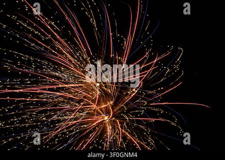 Golden, red, and blue firework burst against a black night sky, capturing the motion and light trails of a celebration. Stock Photo