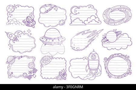Kids memo note frames with cute kid astronaut, galaxy space stars and rockets borders. Vector space notebook page, school diary or planner frame templates. Sticky note paper, memo pad, to do list set Stock Vector