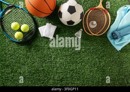 Flat lay of tennis racket, badminton rackets, table tennis paddles, shoes and sports balls on artificial grass with wide copy space. Stock Photo