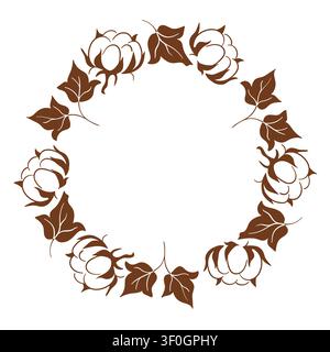 Decorative round wreath with cotton plant and leaf in hand drawn line art style. Floral botanical frame element for wedding invitation or greeting Stock Vector